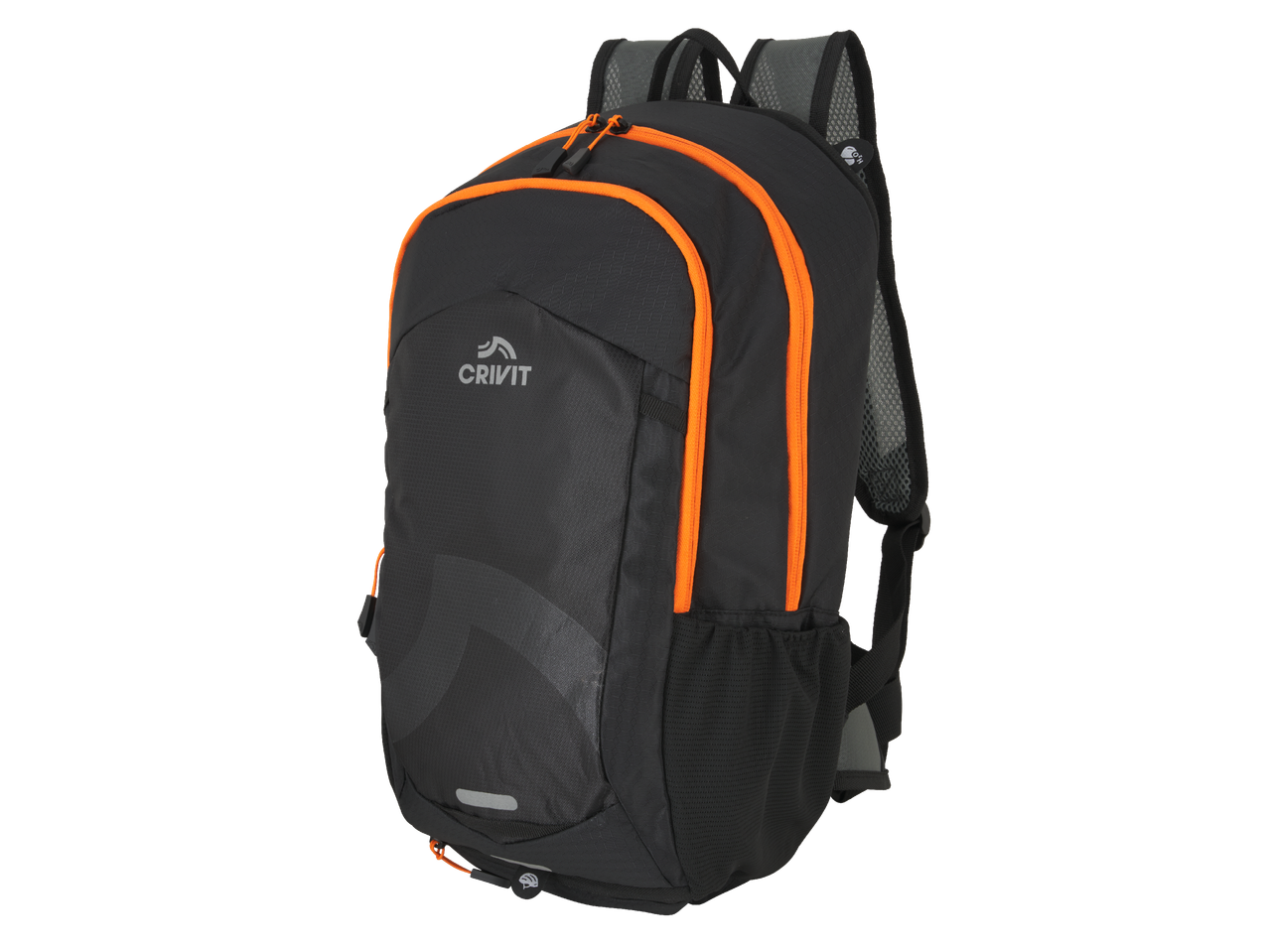 Черна раница с оранжеви акценти и ципове, с логото на Crivit отпред.