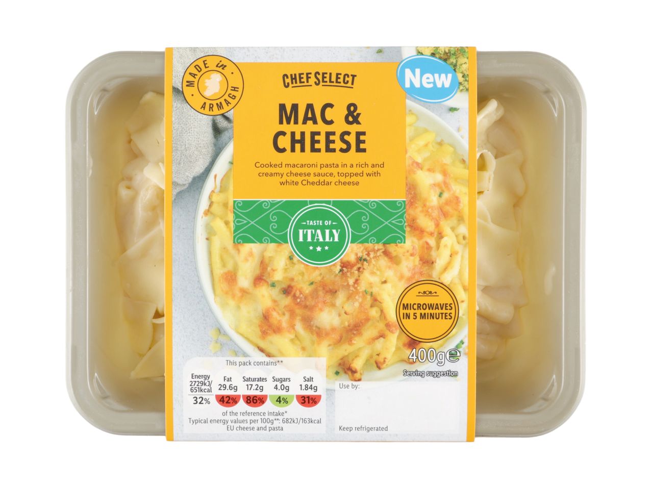 Chef Select Mac & Cheese with white Cheddar cheese, 400g, microwaves in 5 minutes.