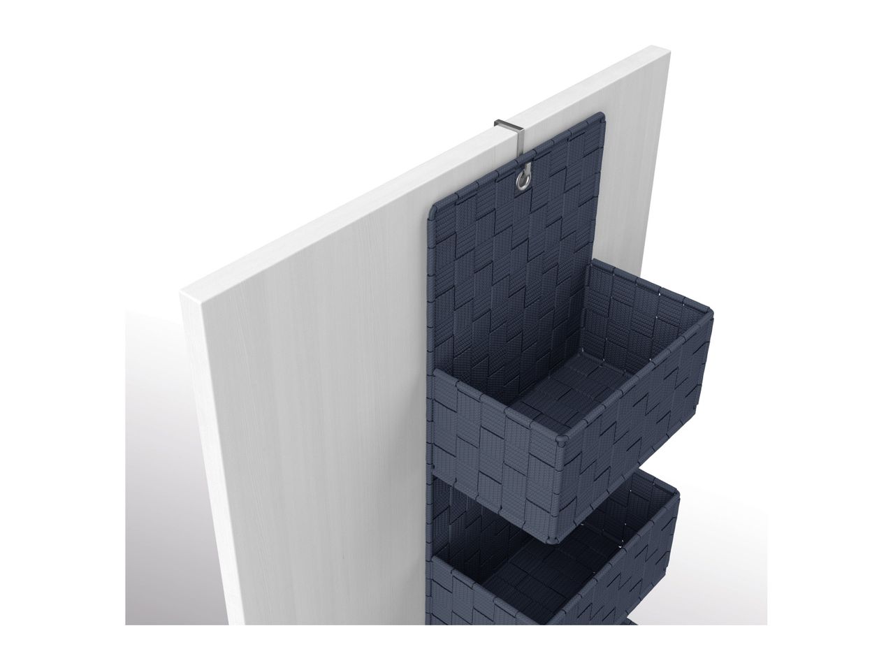 Over-the-door organizer with three dark grey fabric storage bins.
