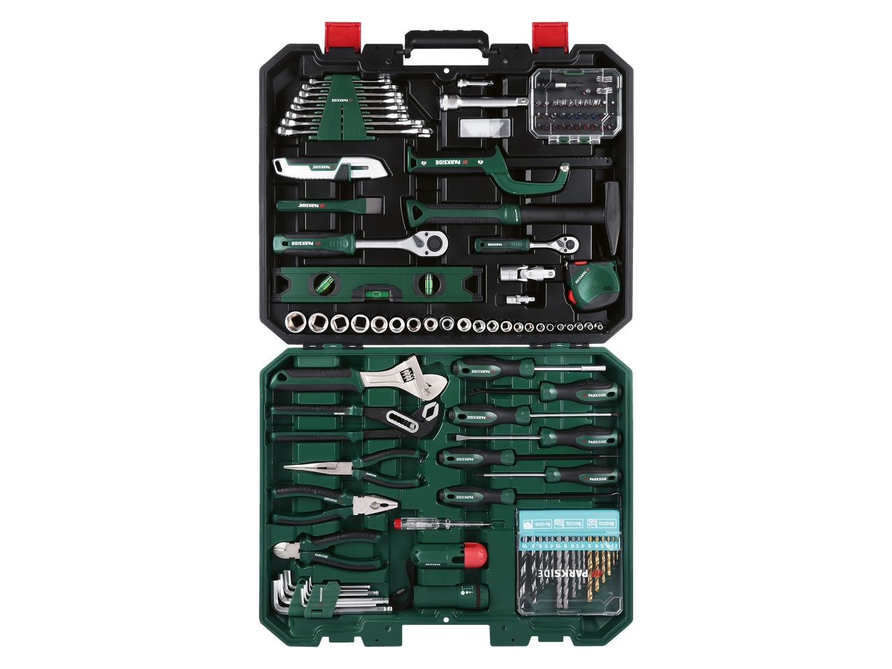 Parkside® Tool Kit with wrenches, screwdrivers, pliers, hammer, level, tape measure, and drill bits.