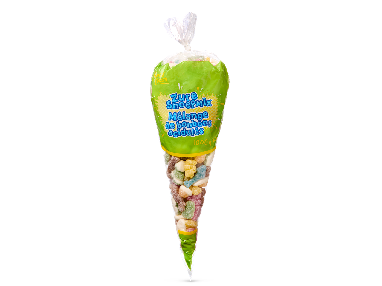 Een zak met zure snoepjes, met de tekst 'Zure Snoepmix Mélange de bonbons acidulés 1000g' op de verpakking.