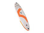 White and orange inflatable stand-up paddleboard with bungee cords and handle