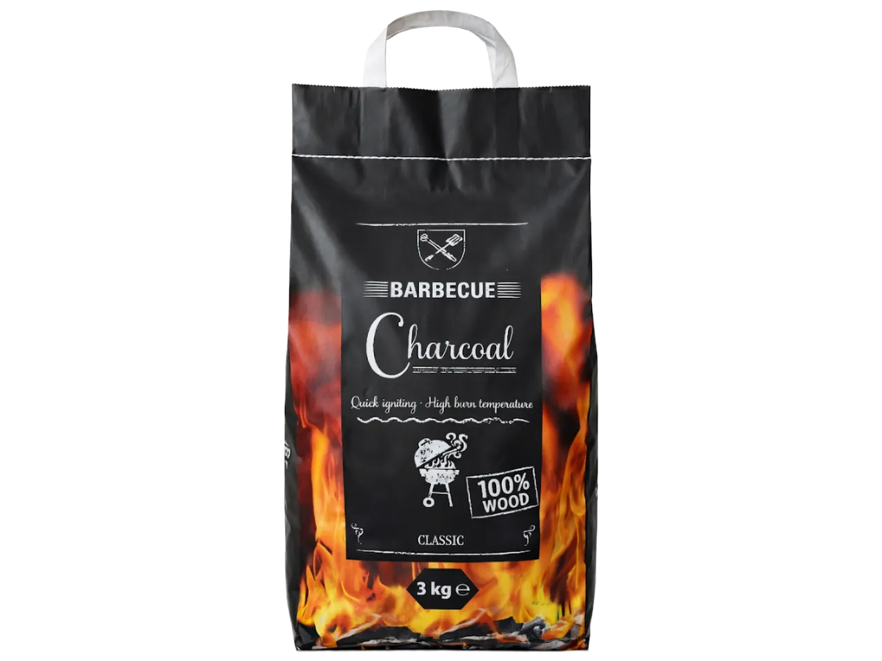 Торба с дървени въглища за барбекю, 3 кг, с пламъци на черен фон.