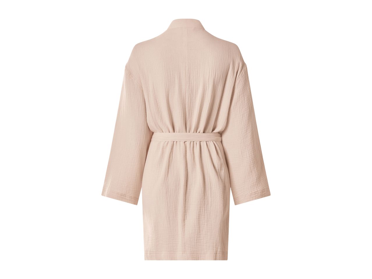Back view of a light pink bathrobe with a tie belt