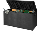 Livarno Garden Storage Box 350L, open with gardening tools inside, black rattan look.
