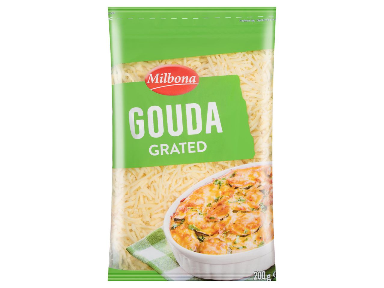 Milbona reszelt Gouda sajt 200g-os csomagolásban.