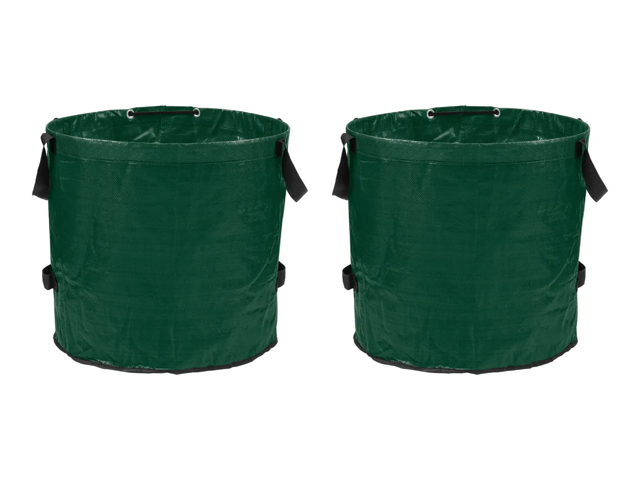 Two green fabric garden bags with handles and drawstring tops