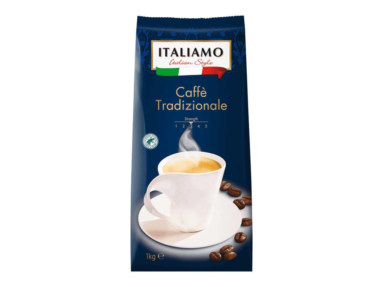 Italialainen kahvipakkaus, jossa on kuppi kahvia ja kahvipapuja.