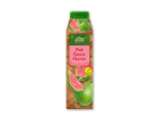 Flaske med lyserød guava nektar i thailandsk stil, med guavafrugter og 'Vegan'-mærke.