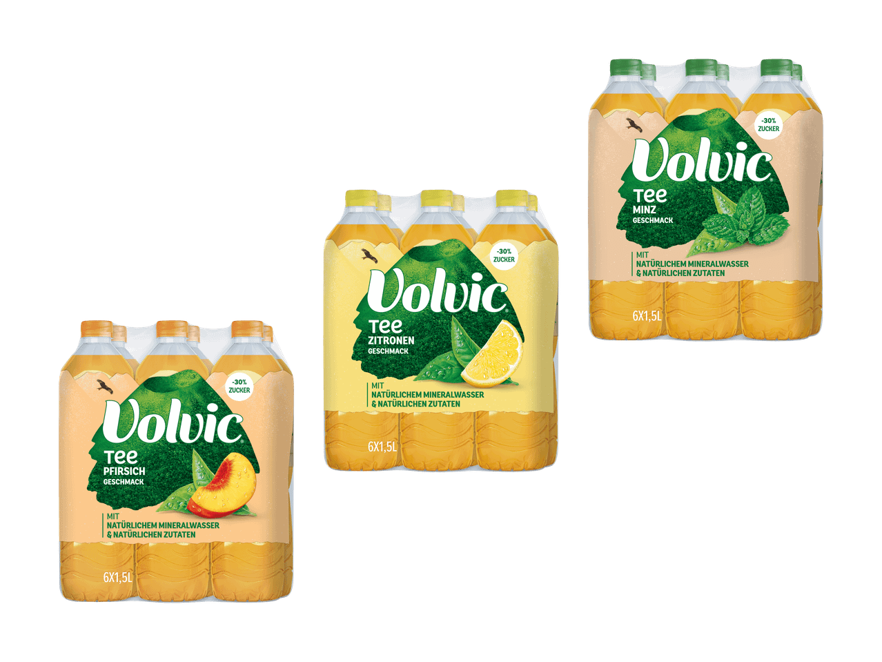 Packs de thé glacé à la menthe, au citron et à la pêche, avec 30% de sucre en moins.