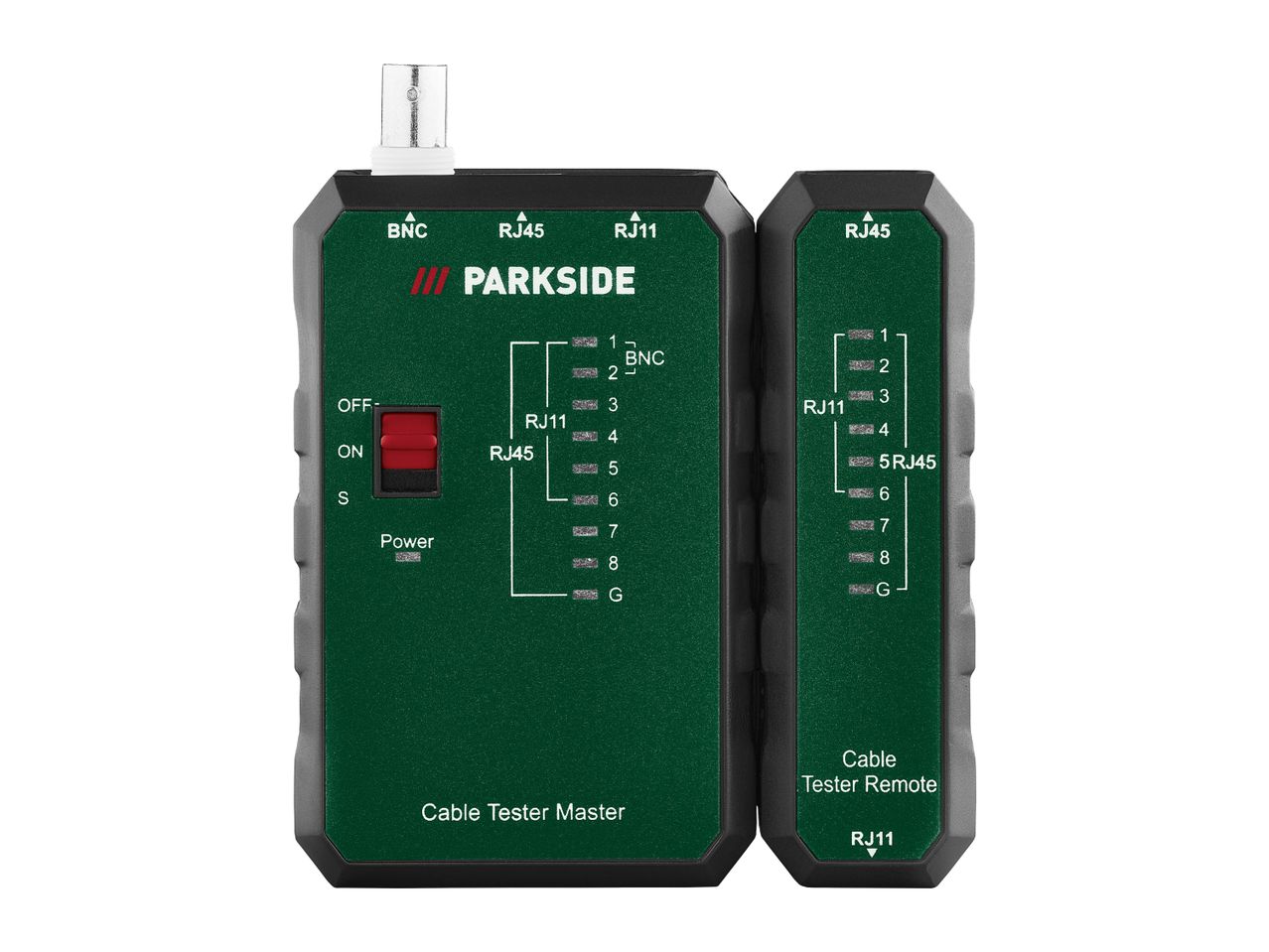 PARKSIDE cable tester master and remote units for BNC, RJ45, and RJ11 connections.