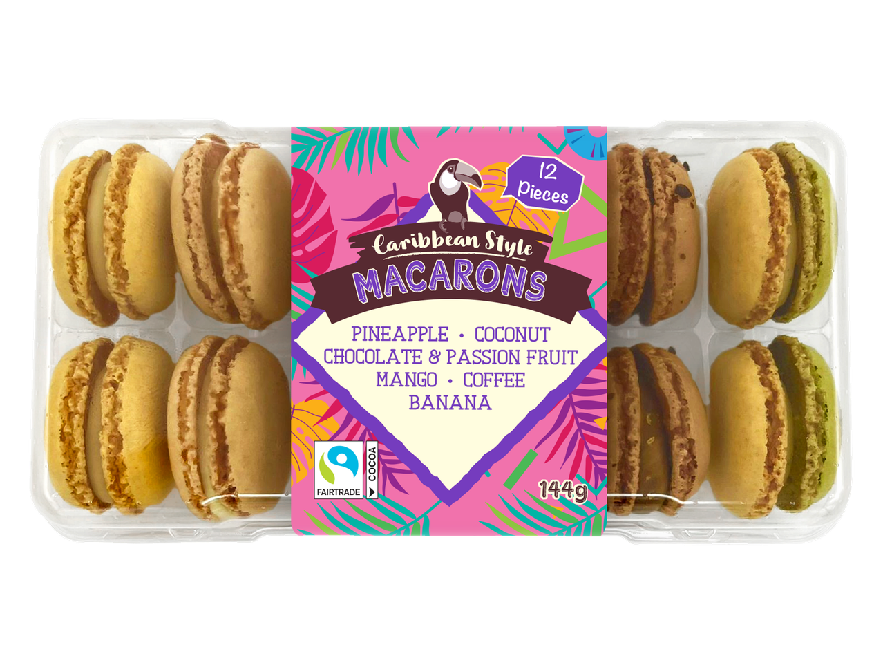 Caribbean style macarons: pineapple, coconut, chocolate, passion fruit, mango, coffee, banana.