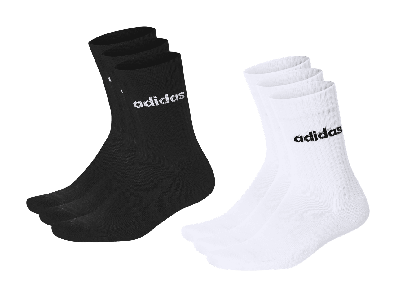 Dreierpack schwarze Socken und Dreierpack weiße Socken mit Logo.