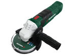 Ъглошлайф в зелено, черно и бяло с предпазен диск и странична дръжка.