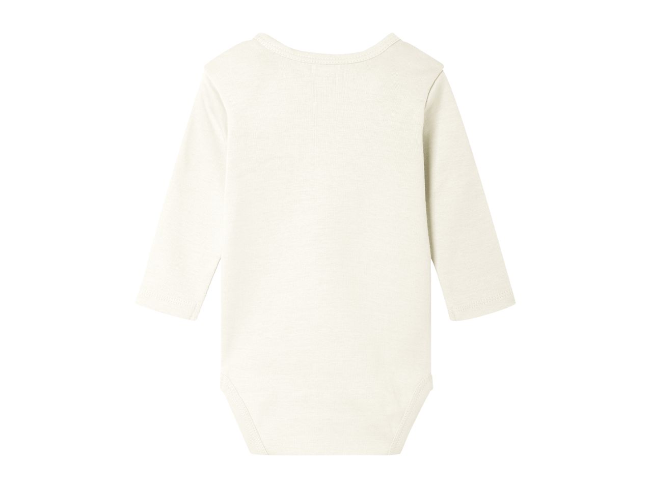 Back view of a plain white long-sleeved baby bodysuit.
