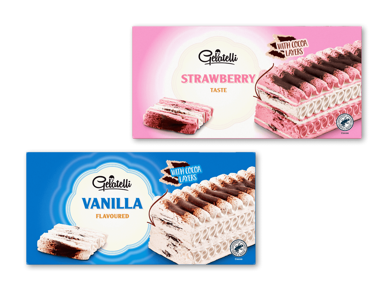 To pakker is: jordbær- og vaniljesmag med kakaolag.
