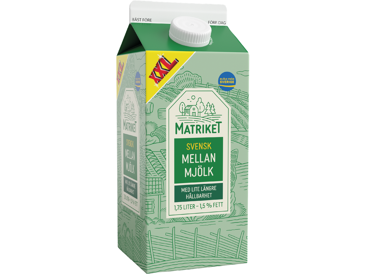 En mjölkkartong av märket Matriket med texten 'Svensk Mellanmjölk' och 'XXL'.