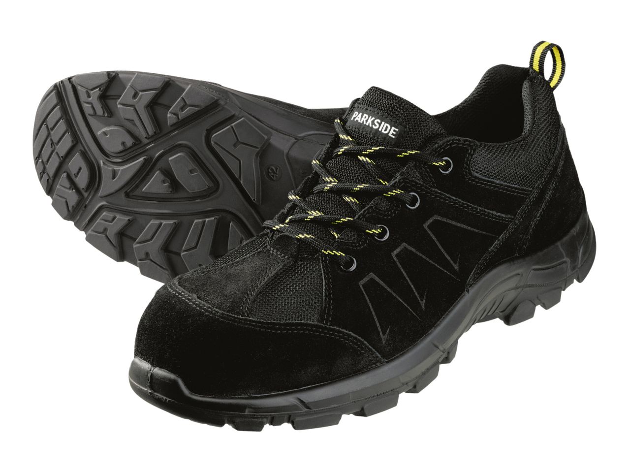 A pair of black work shoes with a rugged sole.