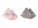 Two pairs of triangular makeup sponges, one pink and one gray, with a ribbon handle.