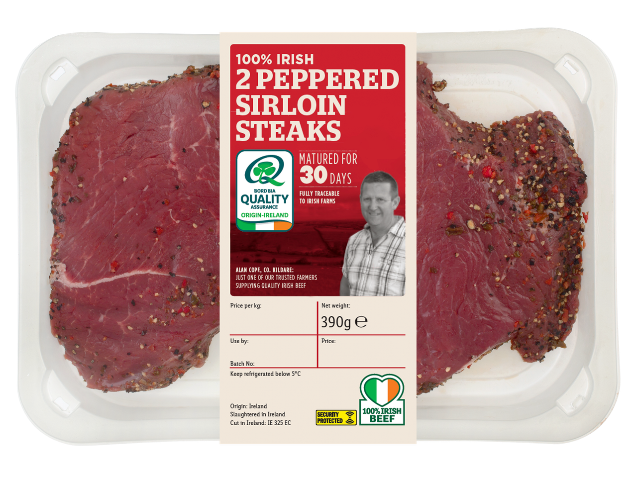 Two peppered Irish sirloin steaks.
