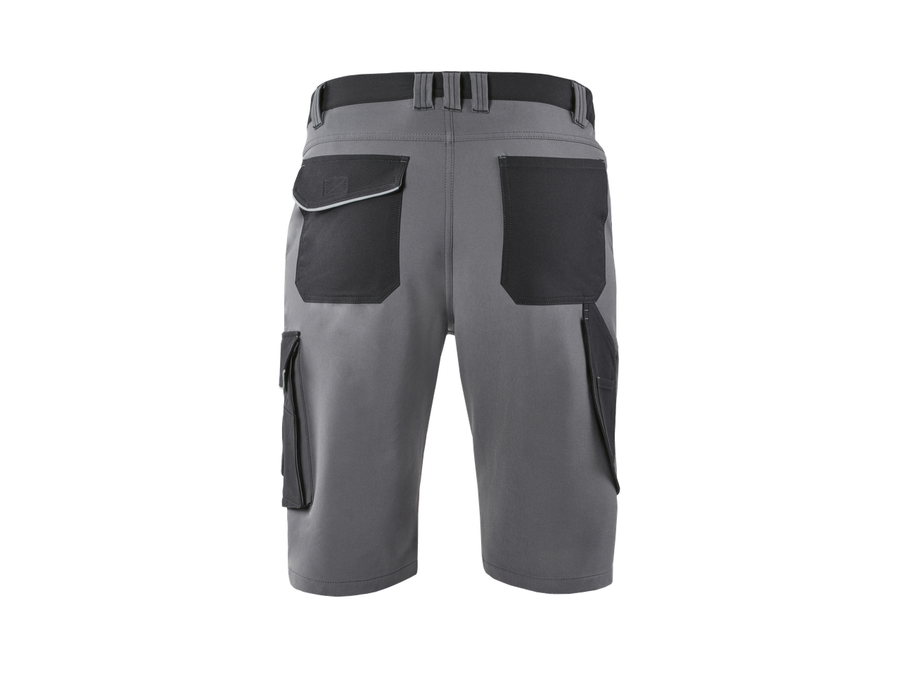 Pantaloni scurți de lucru gri cu buzunare negre și detalii reflectorizante.