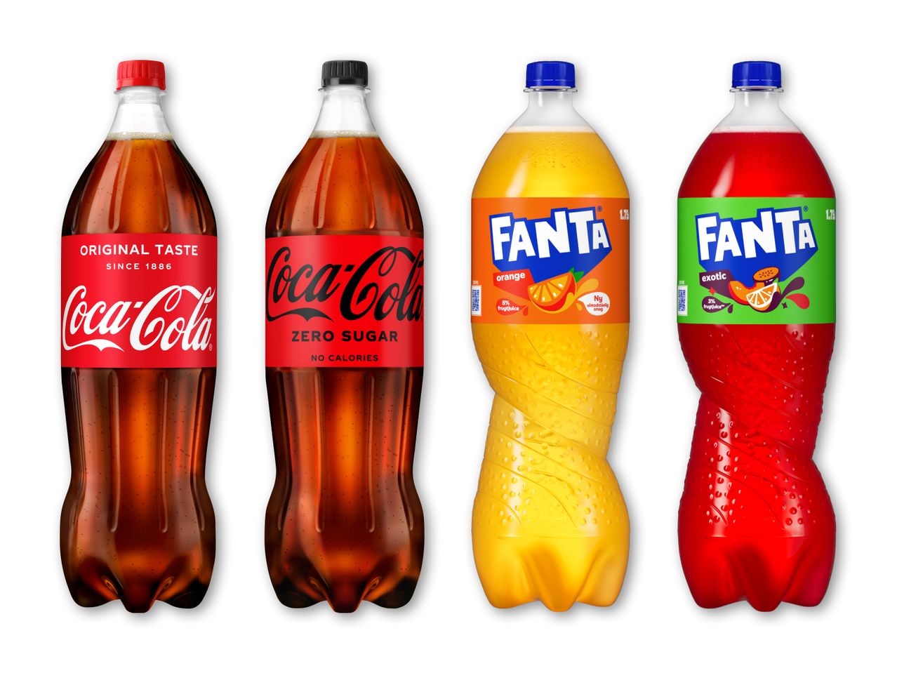 Fire sodavandsflasker: to cola med original smag og nul sukker, og to Fanta med appelsin og eksotisk smag.