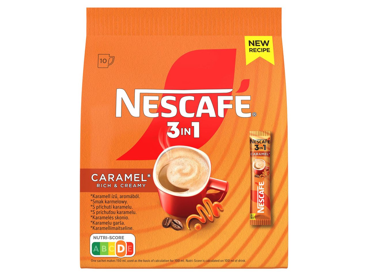 Nescafe 3in1 Caramel instant kávé italpor, új recepttel, Nutri-Score D jelöléssel.