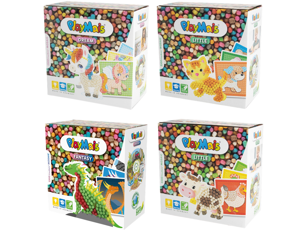 Fyra PlayMais-lådor med mosaiksatser med teman som dröm, fantasi och djur.