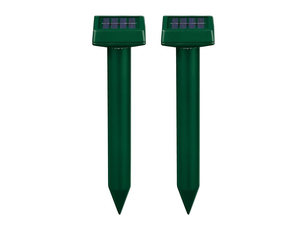 Two green solar-powered pest repellers with pointed stakes.