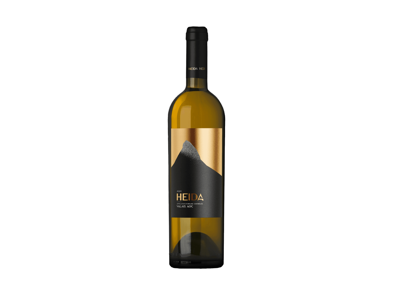 Flasche Weißwein mit einem schwarz-goldenen Etikett, das einen stilisierten Berg zeigt.