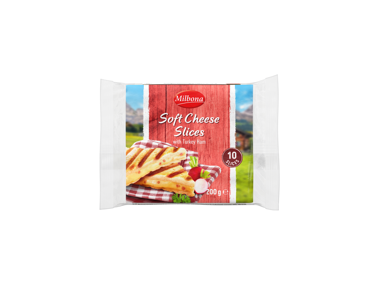 Felii de brânză moale Milbona cu șuncă de curcan.