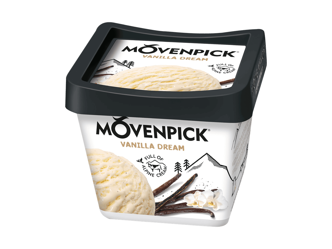 Pot de glace Mövenpick Vanilla Dream avec gousses de vanille et orchidées