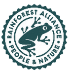 Pečat Rainforest Alliance s natpisom 'RAINFOREST ALLIANCE PEOPLE & NATURE' i žabom.