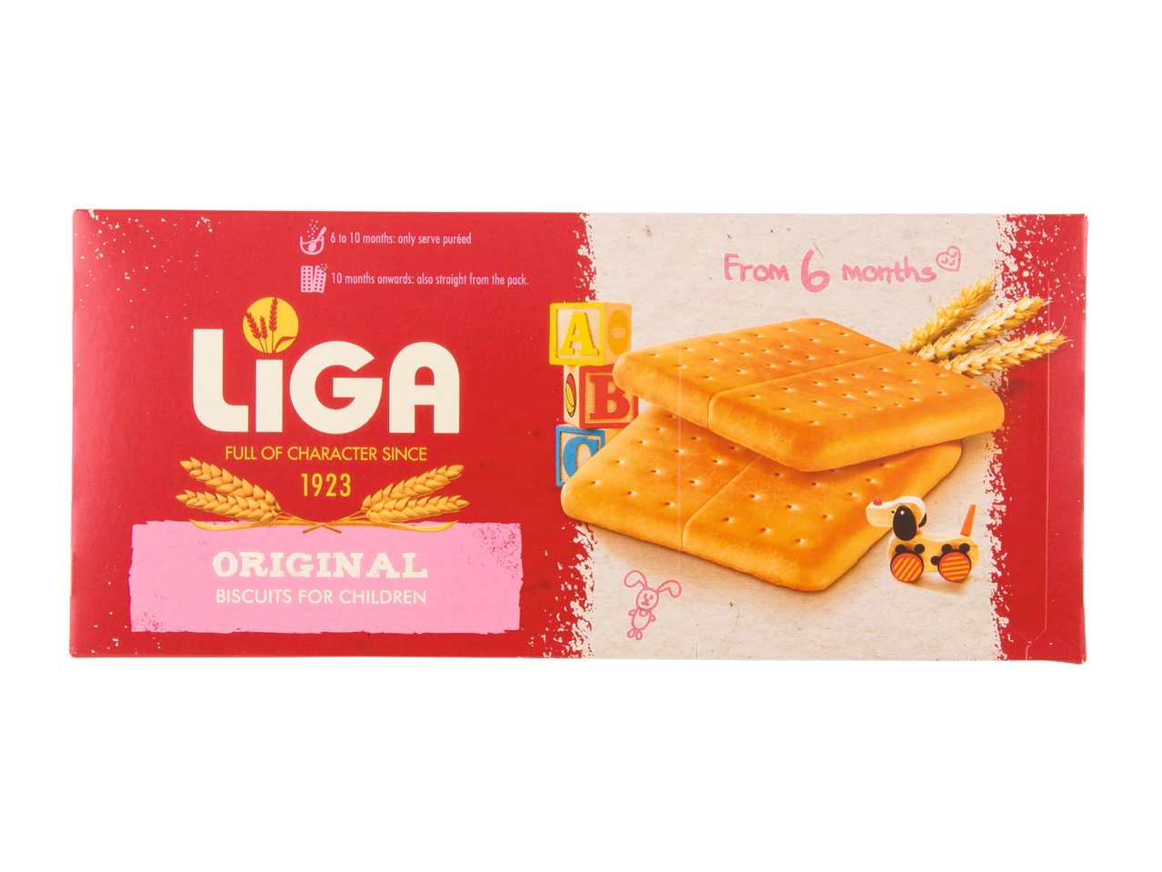 Liga Original Biscuits for Children, suitable from 6 months, with wheat and toy blocks.