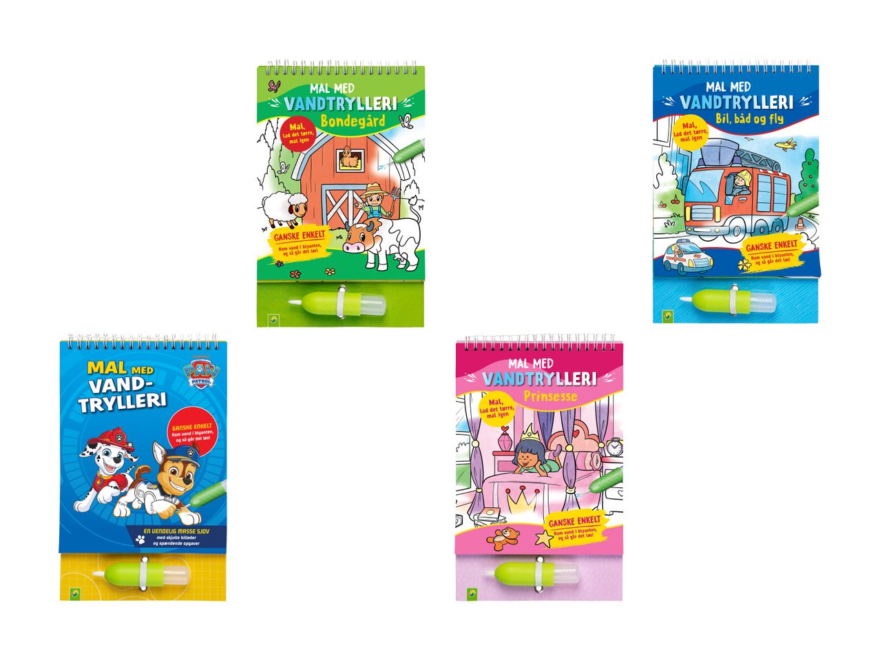 Fire vandmalebøger med temaer som bondegård, køretøjer, prinsesser og Paw Patrol.