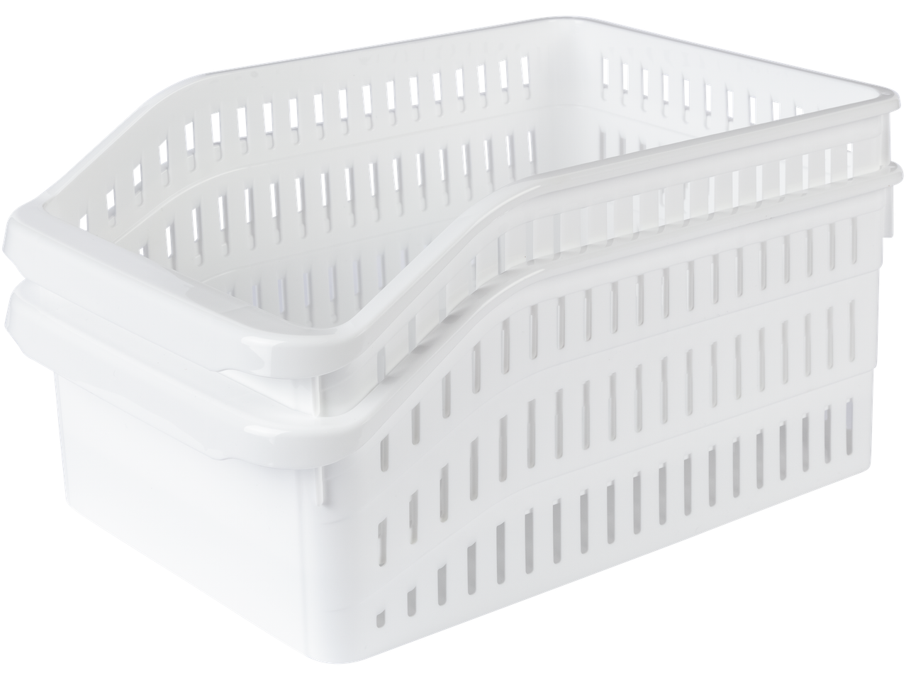 Du baltos plastikinės dėžės, sudėtos viena ant kitos.