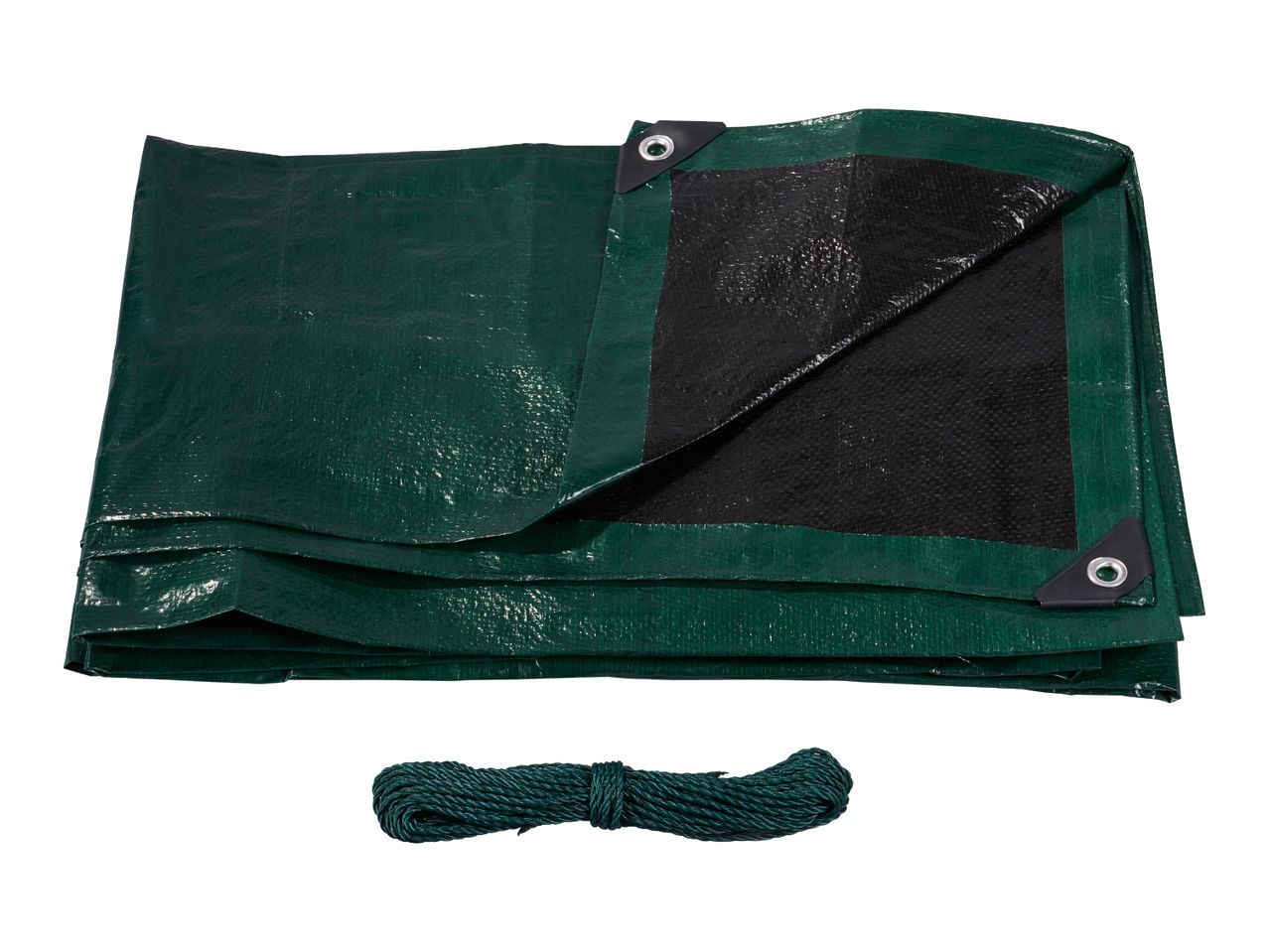 Folded green and black tarpaulin with grommets and a coiled green rope.