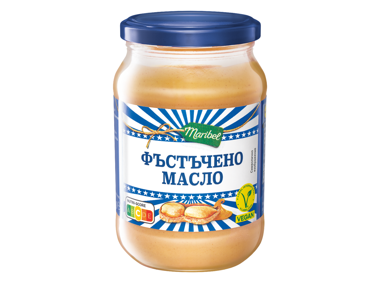 Буркан с фъстъчено масло с Nutri-Score A и веган етикет.