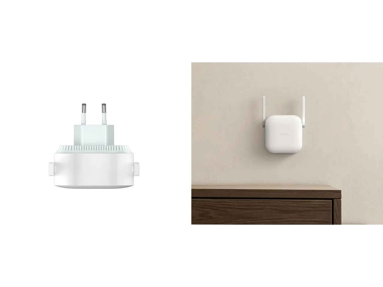 Xiaomi Mi Wi-Fi Range Extender N300, prikazan kao utikač i montiran na zid.