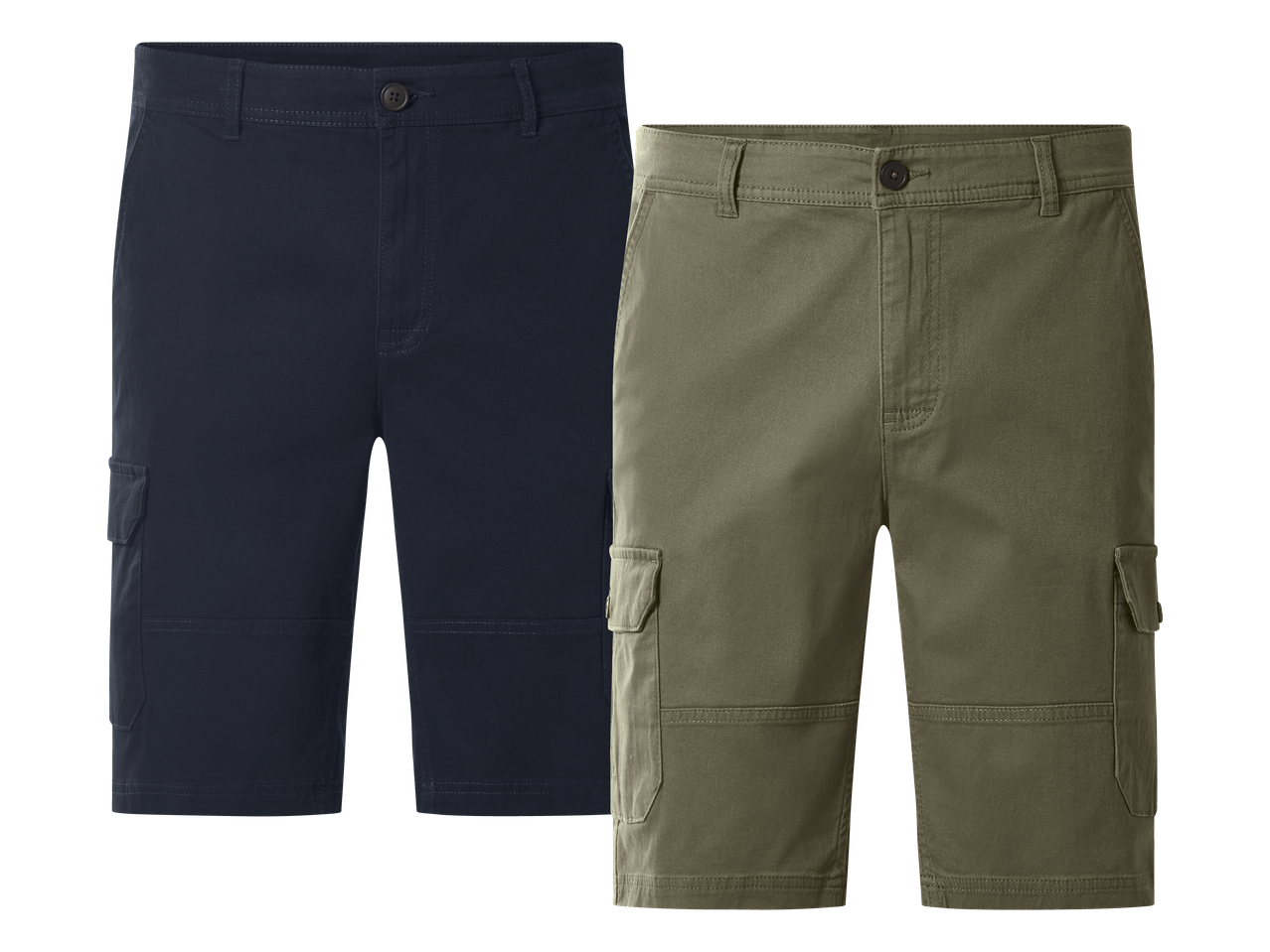 Dvoje muških cargo kratkih hlača: jedne tamnoplave i jedne maslinasto zelene.