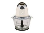 Cream and chrome food chopper with a clear glass bowl and measurement markings.