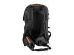 A black backpack with orange accents, shown from the back.