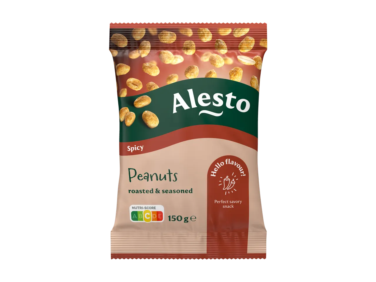 ALESTO Fűszerezett фъстъци, опаковка от 150г с етикет Nutri-Score A.