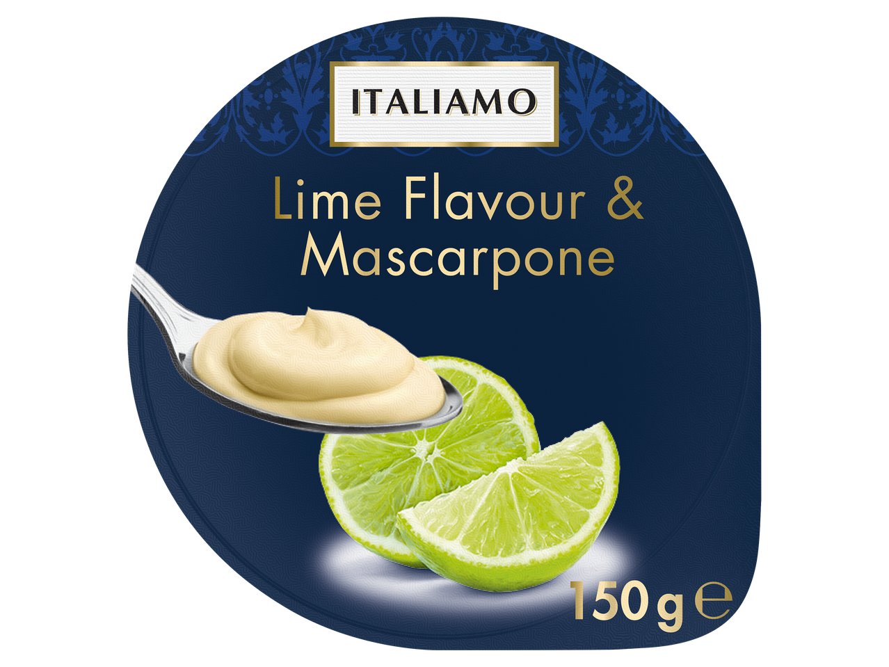 Lime és mascarpone ízesítésű desszert krémes kanállal és friss lime szeletekkel.