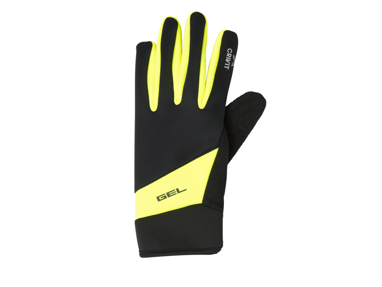 Black and neon yellow sports glove with 'GEL' text and a logo on the index finger.