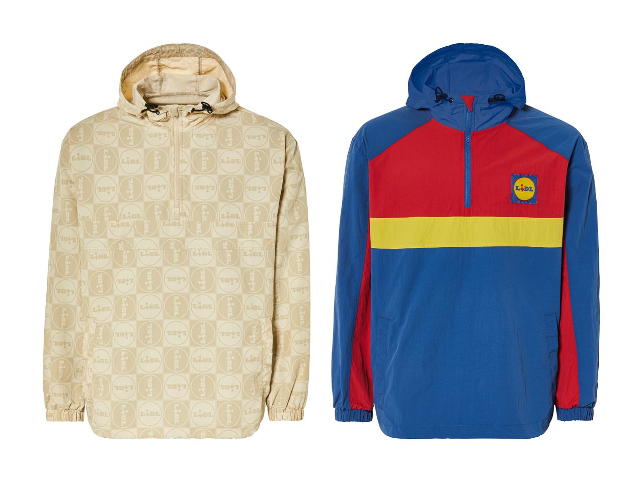 To Lidl-jakker: en beige med gentagne logoer og en blå, rød og gul med et Lidl-logo.