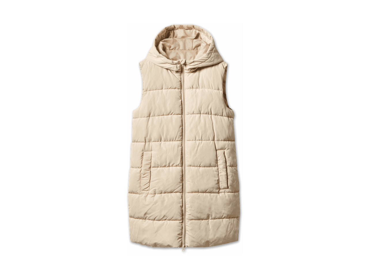 Lange, beige, gepolsterte Weste mit Kapuze und Reißverschluss