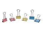 Five colorful binder clips are arranged on a white background.
