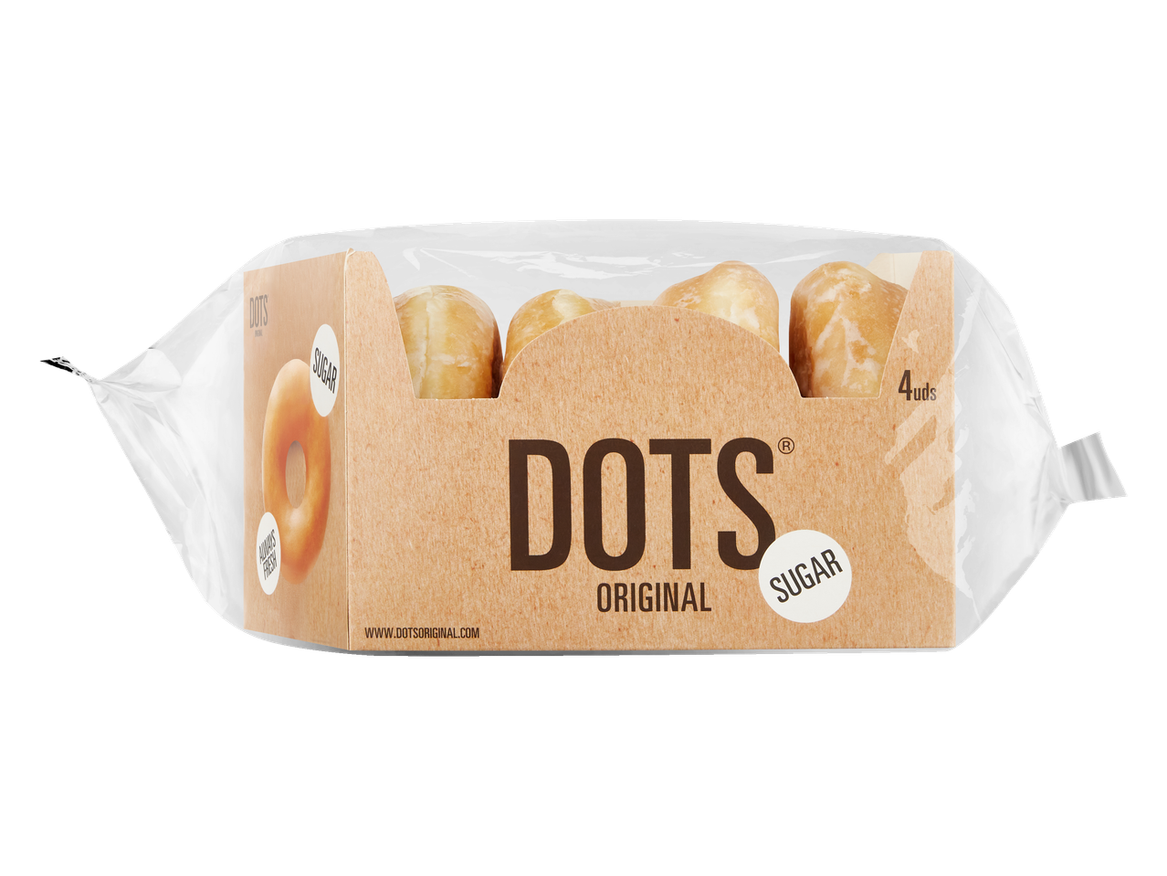 Verpakking met 4 Dots Original suikerglazuur donuts, met de tekst 'Always Fresh'.