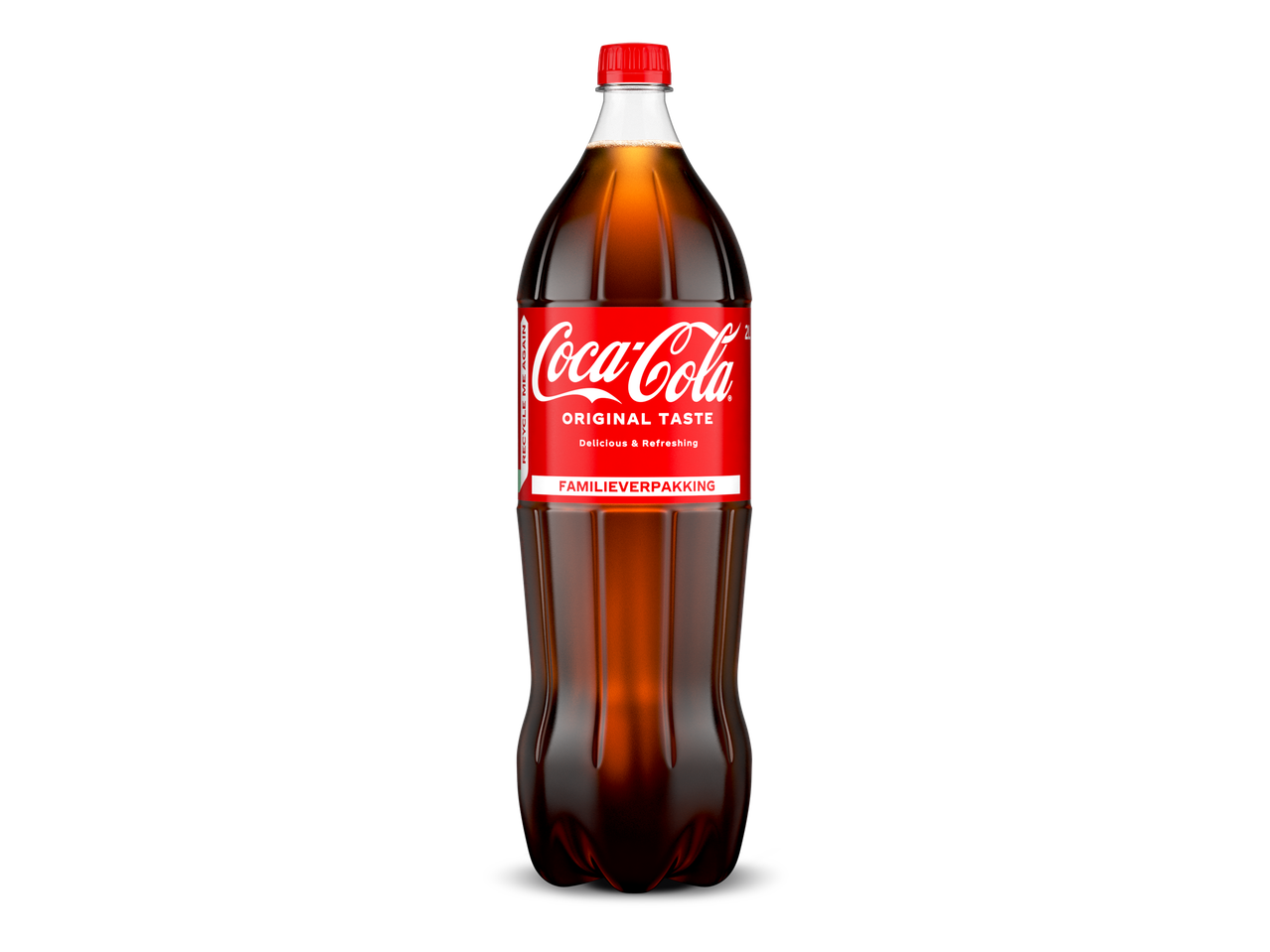 Een grote fles cola met een rood etiket met de tekst 'ORIGINAL TASTE Delicious & Refreshing' en 'FAMILIEVERPAKKING'.